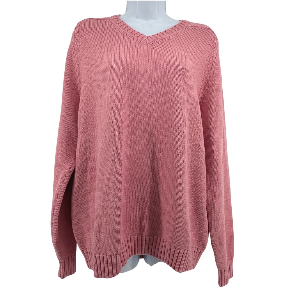 Lands End V-Neck Sweater Womens L 14-16 Pink Cotton Knit Long Sleeve Coastal
